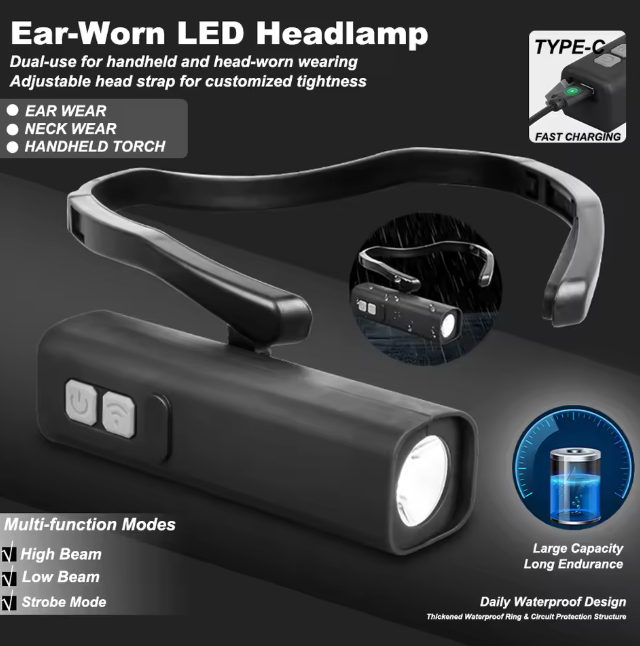 The EarLight Beacon 👂🔦✨ – Rechargeable LED Ear Clip Headlamp. Ultra-Bright, Waterproof & Hands-Free. Light Up Your Run, Ride & Reel 🏃🚴🎣