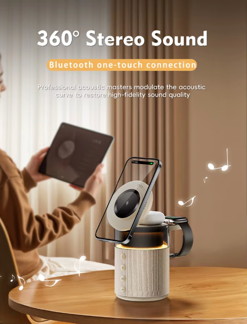 The Nightstand Nexus 🌙🔮✨ – 5-in-1 Magnetic Wireless Charging Station. Built-In Speaker, Night Light & Fast Charging for iPhone, iWatch & AirPods. One Dock to Charge Them All 📱🎵