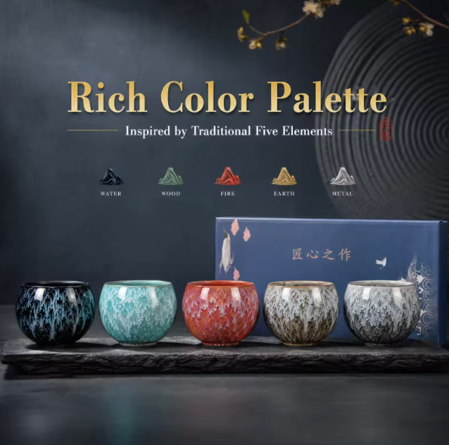 The Five Elements Tea Ritual 🍵🌿✨ – Handmade Japanese Ceramic Tea Cup Set. 5 Colours, 5 Elements, One Gift Box. Wood, Fire, Earth, Metal & Water in Your Hands 🎁💫