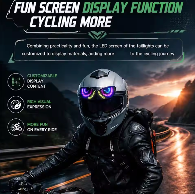 "The Devil's Eye Halo 😈👁️✨ – Programmable RGB LED Helmet Light. Custom Emojis, Dynamic Effects & Brake Warning. Be Seen, Be Iconic 🏍️🔥"