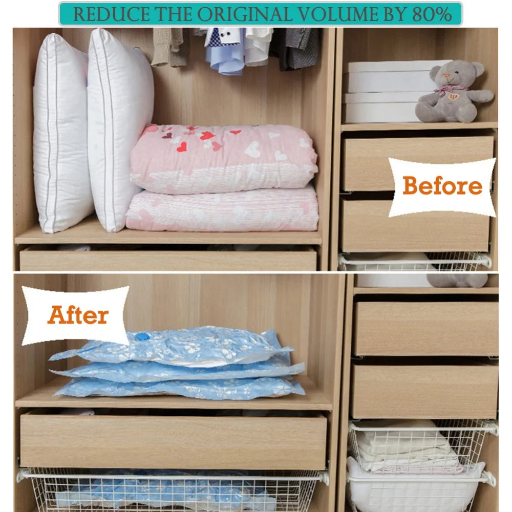 Save 80% more space- with thickened, leak-proof vacuum storage bags.