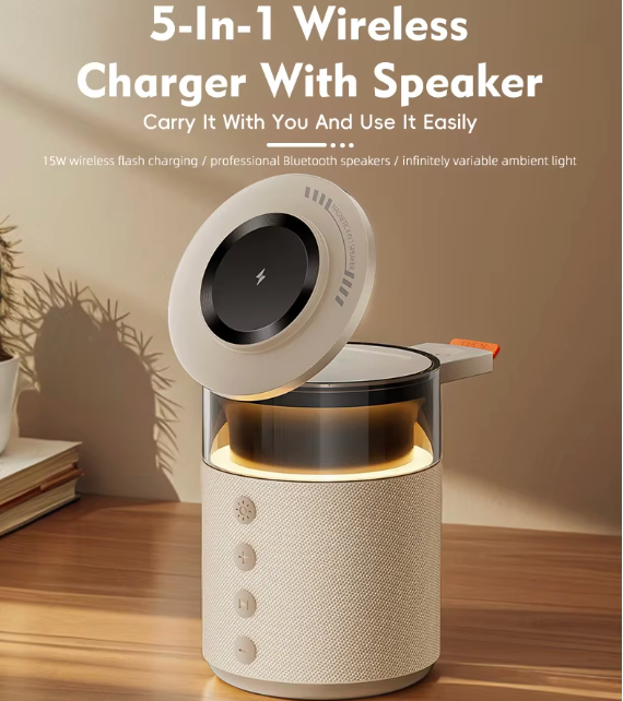 The Nightstand Nexus 🌙🔮✨ – 5-in-1 Magnetic Wireless Charging Station. Built-In Speaker, Night Light & Fast Charging for iPhone, iWatch & AirPods. One Dock to Charge Them All 📱🎵