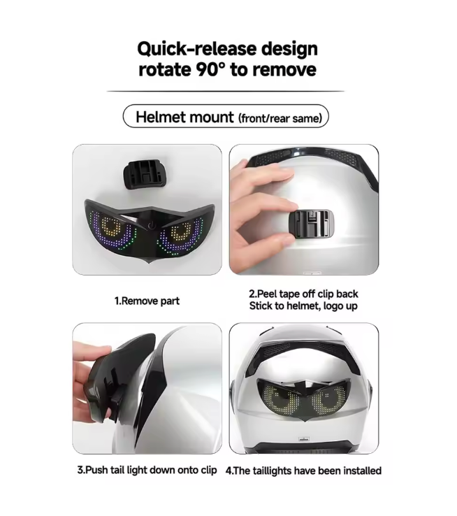 "The Devil's Eye Halo 😈👁️✨ – Programmable RGB LED Helmet Light. Custom Emojis, Dynamic Effects & Brake Warning. Be Seen, Be Iconic 🏍️🔥"