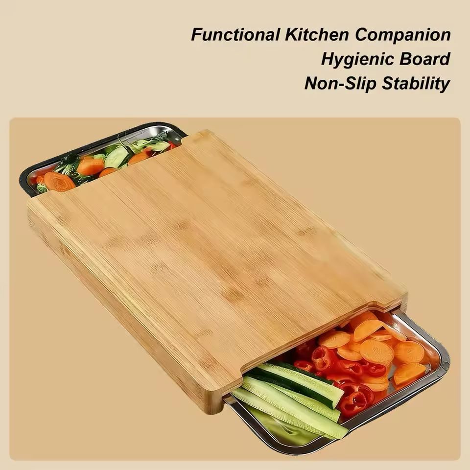 Eco-Friendly Bamboo Cutting Board – With Sliding Stainless Steel Tray