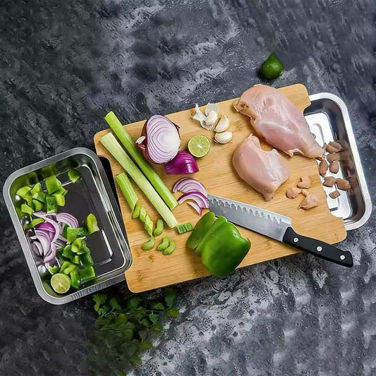 Eco-Friendly Bamboo Cutting Board – With Sliding Stainless Steel Tray