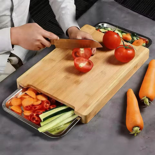 Eco-Friendly Bamboo Cutting Board – With Sliding Stainless Steel Tray