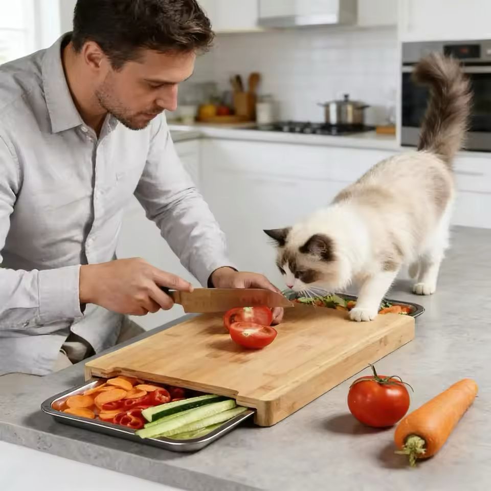Eco-Friendly Bamboo Cutting Board – With Sliding Stainless Steel Tray