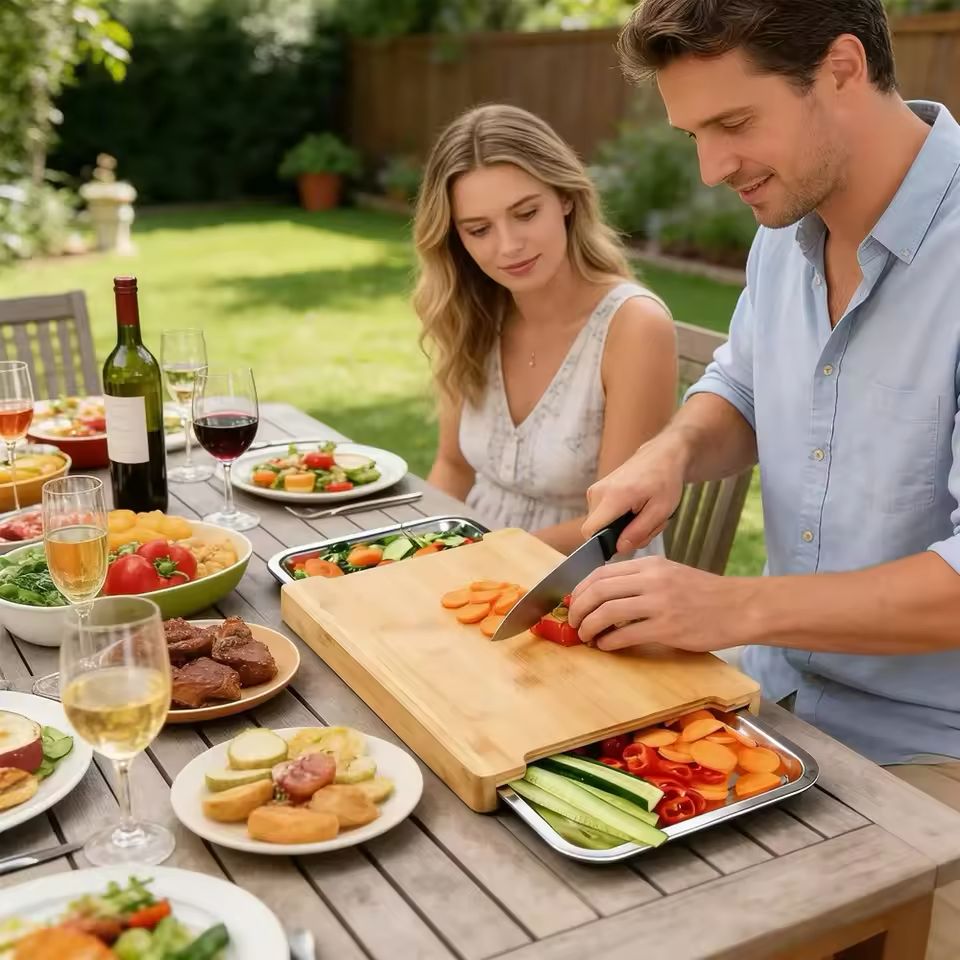 Eco-Friendly Bamboo Cutting Board – With Sliding Stainless Steel Tray