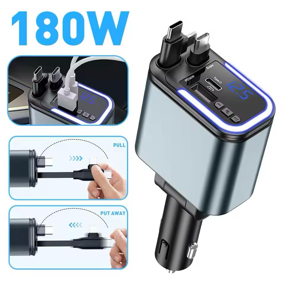 The Lightweaver 🔮✨ – 5-in-1 Retractable USB C Car Charger. 180W Fast Charging + Atmosphere Lights for iPhone, iPad & Android 🚗🔌