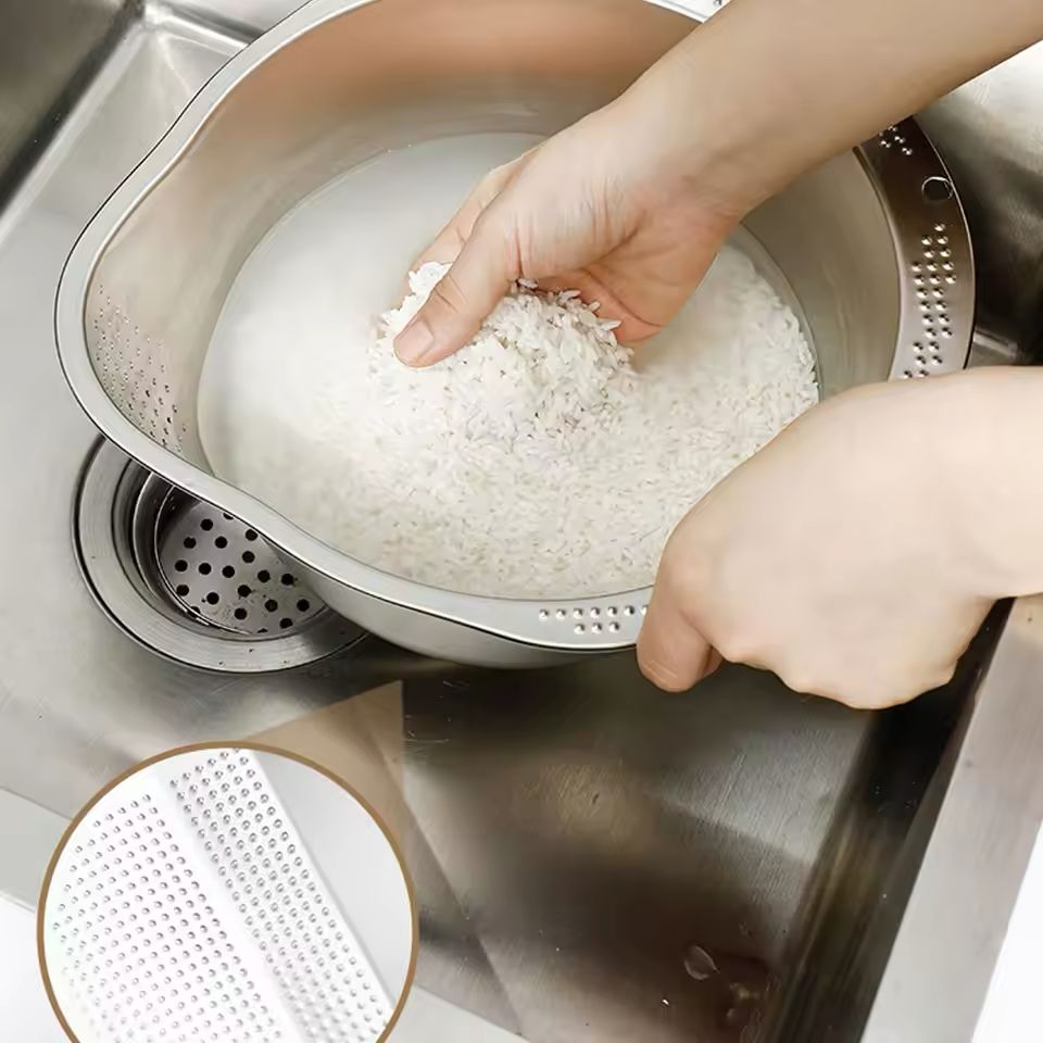 The Crystal Rice Ritual Bowl ✨🍚 – Stainless Steel 304 Rice Washer & Strainer. Sieve, Colander & Fruit/Vegetable Washer in One 🥬💧