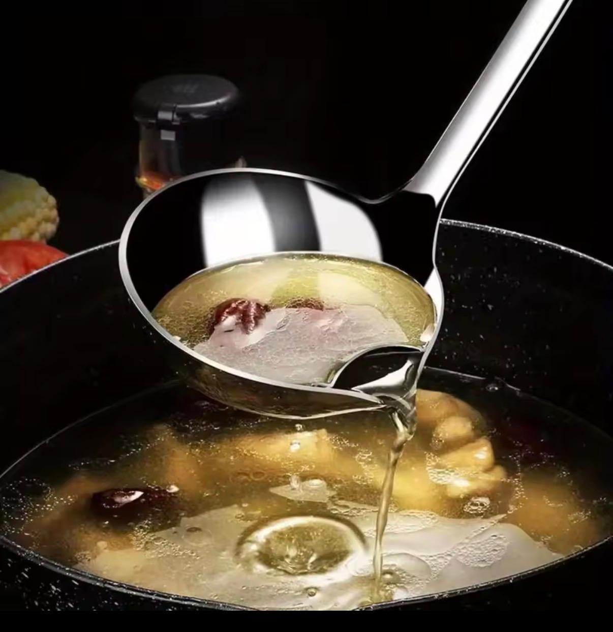 Skim oil, scoop solids, and strain with one tool.