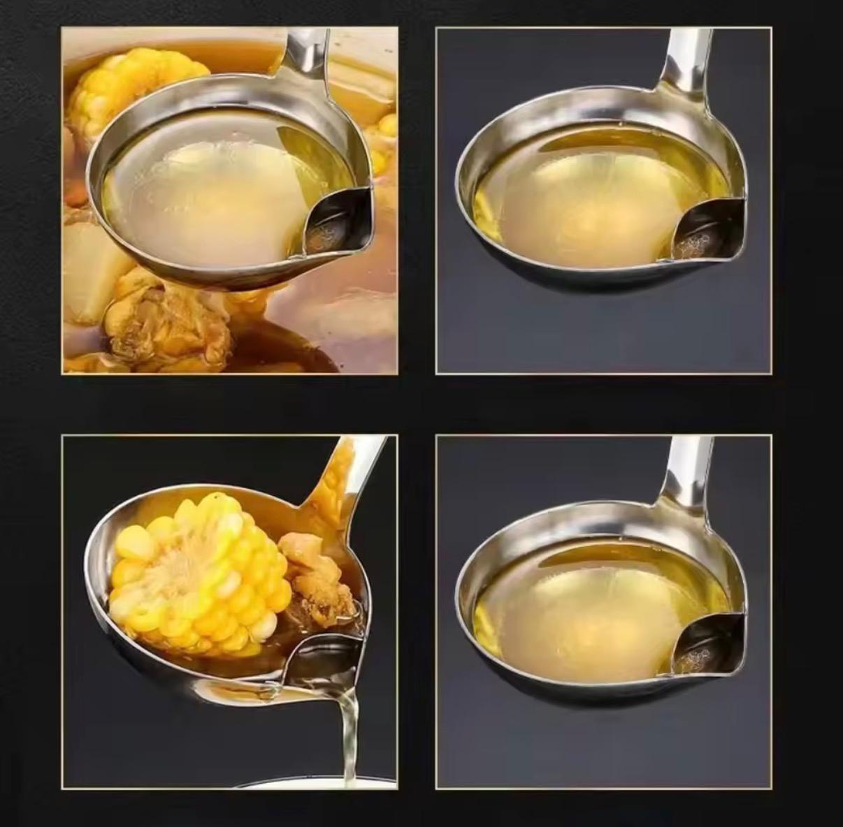 Skim oil, scoop solids, and strain with one tool.