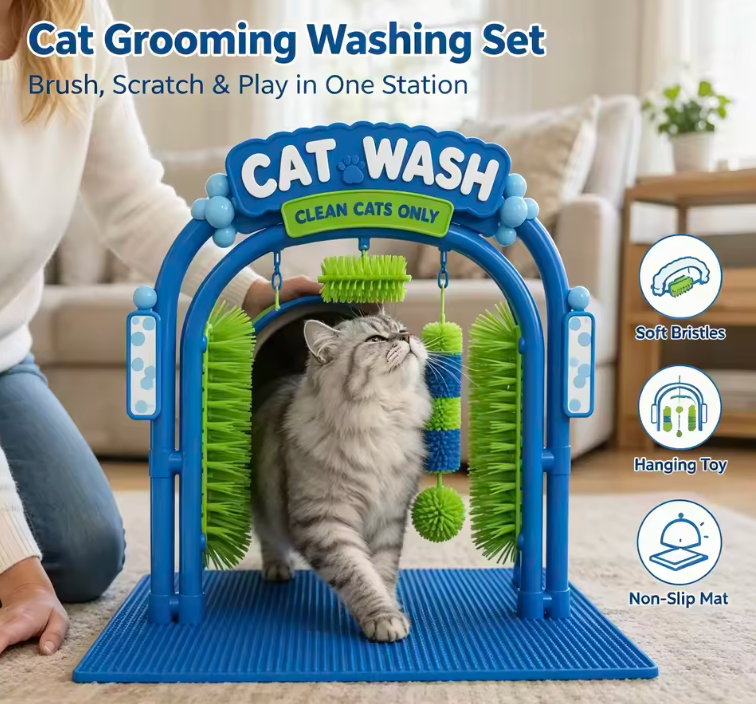 The Purr-fect Grooming Portal 🐱✨ – Multifunctional Cat Wash & Grooming Station. Self-Brushing, Hair Massage & Scratching Brush. Spa Day for Your Feline 🛁💆‍♀️