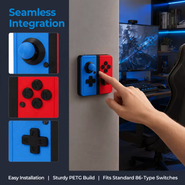 The Arcade Flick 🕹️🔌✨ – Retro Joystick Light Switch Guard Covers. Self-Adhesive 3D Printed Decor for Game Rooms & Gamer Setups 🎮💫